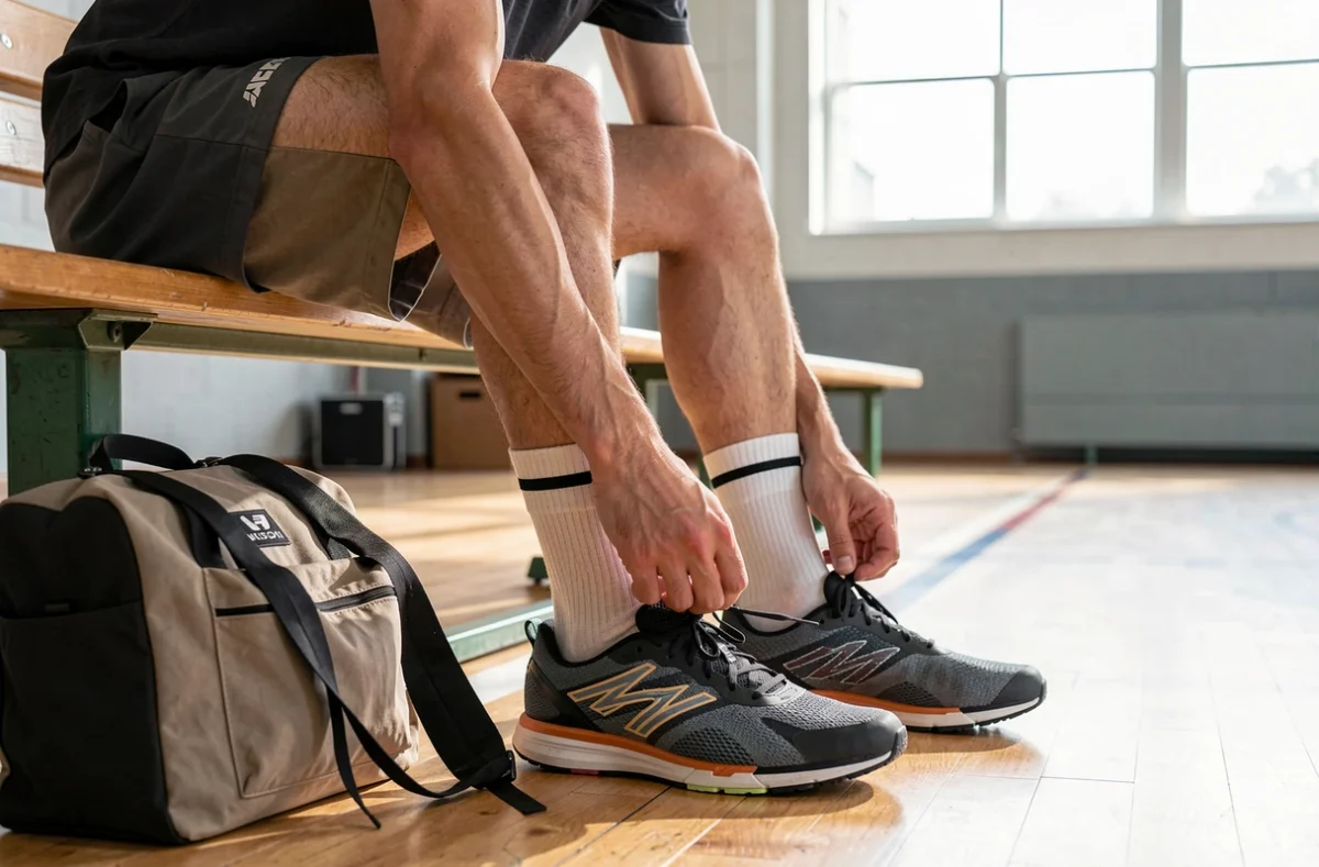 Joueur qui essaie et lace ses chaussures de salle sur un banc