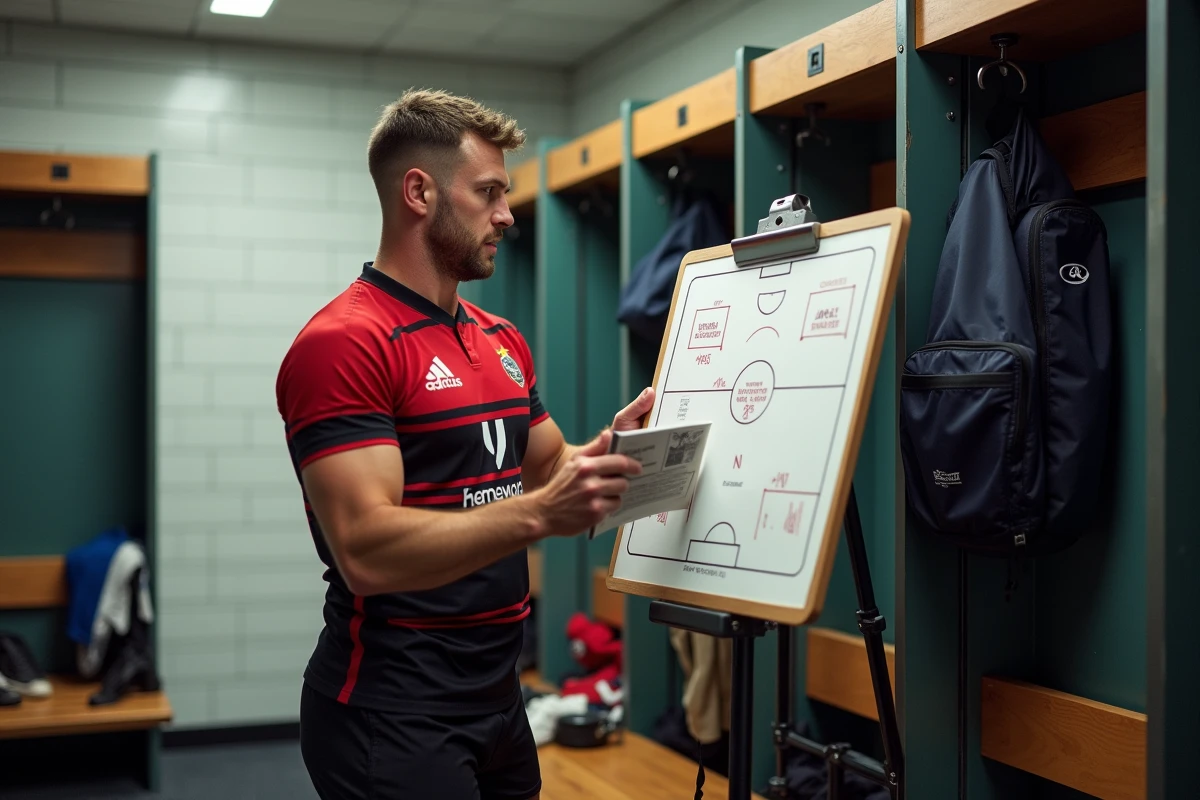 Joueur de rugby étudiant les tactiques et résultats en vestiaire de club Fédérale