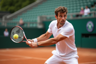 Joueur de tennis masculin en action sur terre battue