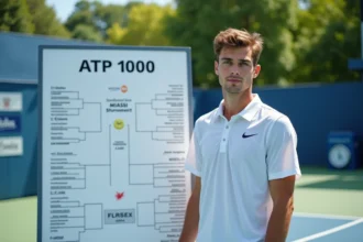 Jeune joueur de tennis devant un tableau de tournoi ATP 1000
