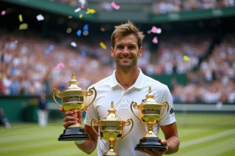 Joueur de tennis tenant tous les trophées du Grand Chelem sur le court