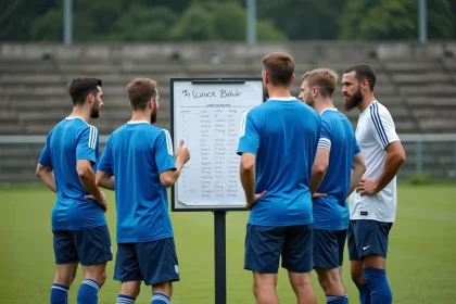 Joueurs de football amateur en district étudiant un tableau de classement affiché sur une clôture de terrain de sport