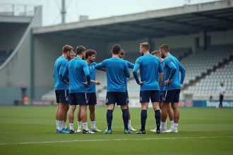Joueurs amateurs de football en réunion tactique sur un terrain de Fédérale 2 lors d'une séance d'entraînement