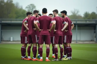 Groupe de joueurs de football amateur en Haute-Saône formant un cercle avant un match sur un terrain régional