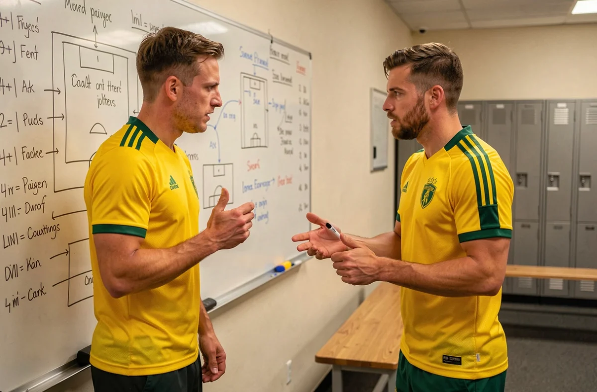 Deux footballeurs professionnels en tenue d'entraînement jaune et verte discutant d'une stratégie tactique devant un tableau blanc avec des formations de jeu, illustrant les recrues potentielles du FC Nantes en 2026