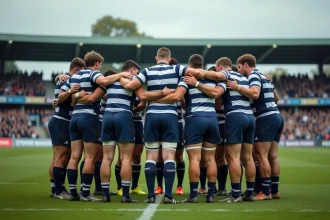 Joueurs de rugby Fédérale en huddle d'après-match sur le terrain, résultats de saison et cohésion d'équipe