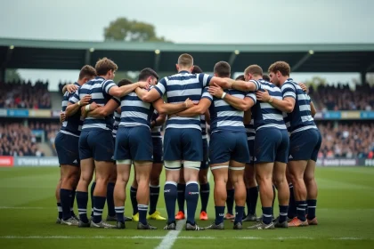 Joueurs de rugby Fédérale en huddle d'après-match sur le terrain, résultats de saison et cohésion d'équipe