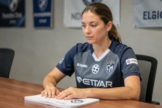 Joueuse de football féminin signant des documents de transfert lors d'une conférence de presse officielle de mercato