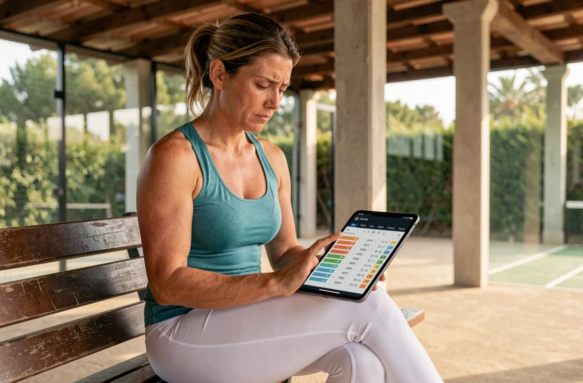 Joueuse de padel consultant un classement de tournoi sur tablette en bord de court, réflexion sur la stratégie de points P100