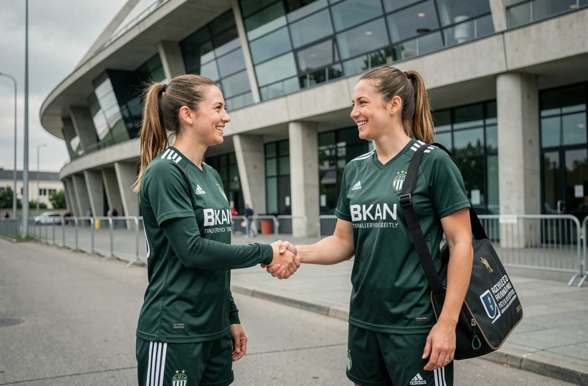 Deux joueuses de football féminin se serrant la main devant un stade après un transfert officiel durant le mercato