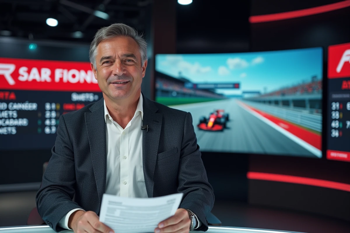 Journaliste sportif présentant le comparatif des performances pilotes et écuries F1 2026 devant un tableau de classement
