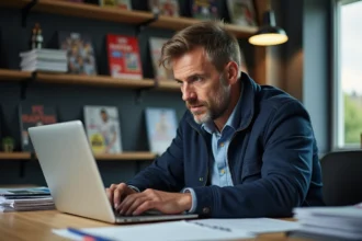 Journaliste sportif vérifiant les transferts de football sur son ordinateur