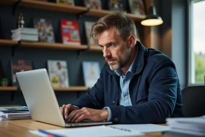 Journaliste sportif vérifiant les transferts de football sur son ordinateur