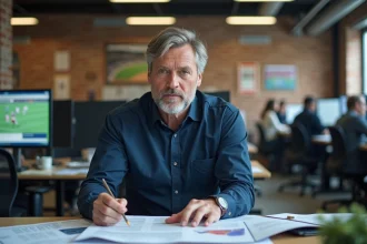Journaliste sportif d'Amiens en train de travailler dans la rédaction de Gazette Sport Amiens, entouré de documents et photos de matchs locaux