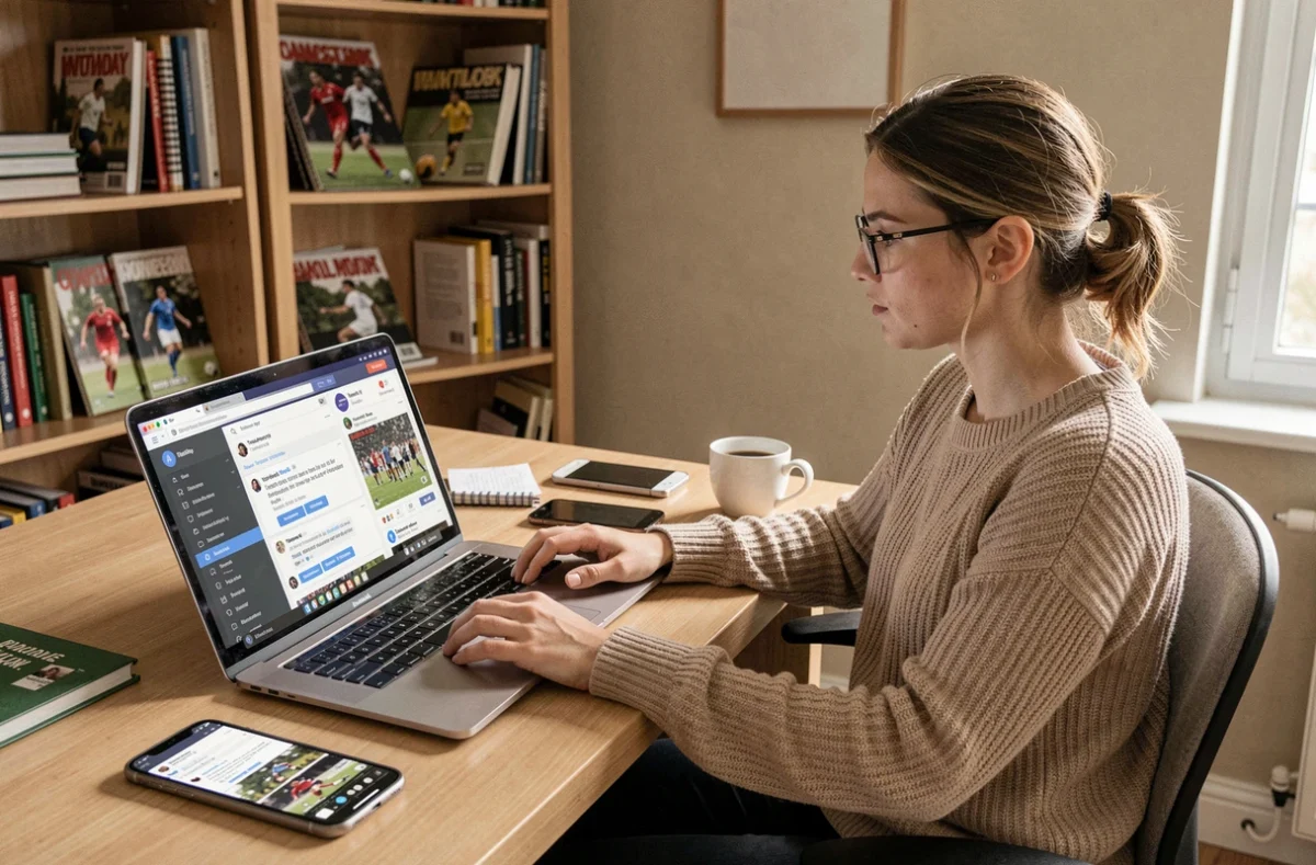Journaliste sportive suivant en direct les actualités du mercato du football féminin sur plusieurs écrans