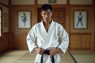 Judoka homme ajustant sa ceinture noire dans un dojo