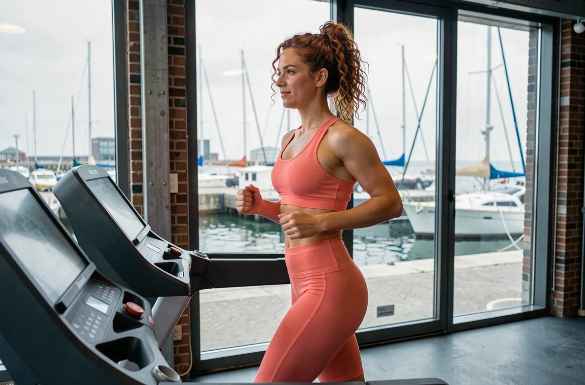 Femme courant sur un tapis de course dans la salle Keepcool au port de Brest avec vue sur le port en arrière-plan