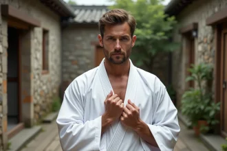 Pratiquant de jiu-jitsu ajustant son kimono léger d'été dans un dojo en plein air, mise en avant de la texture du tissu respirant