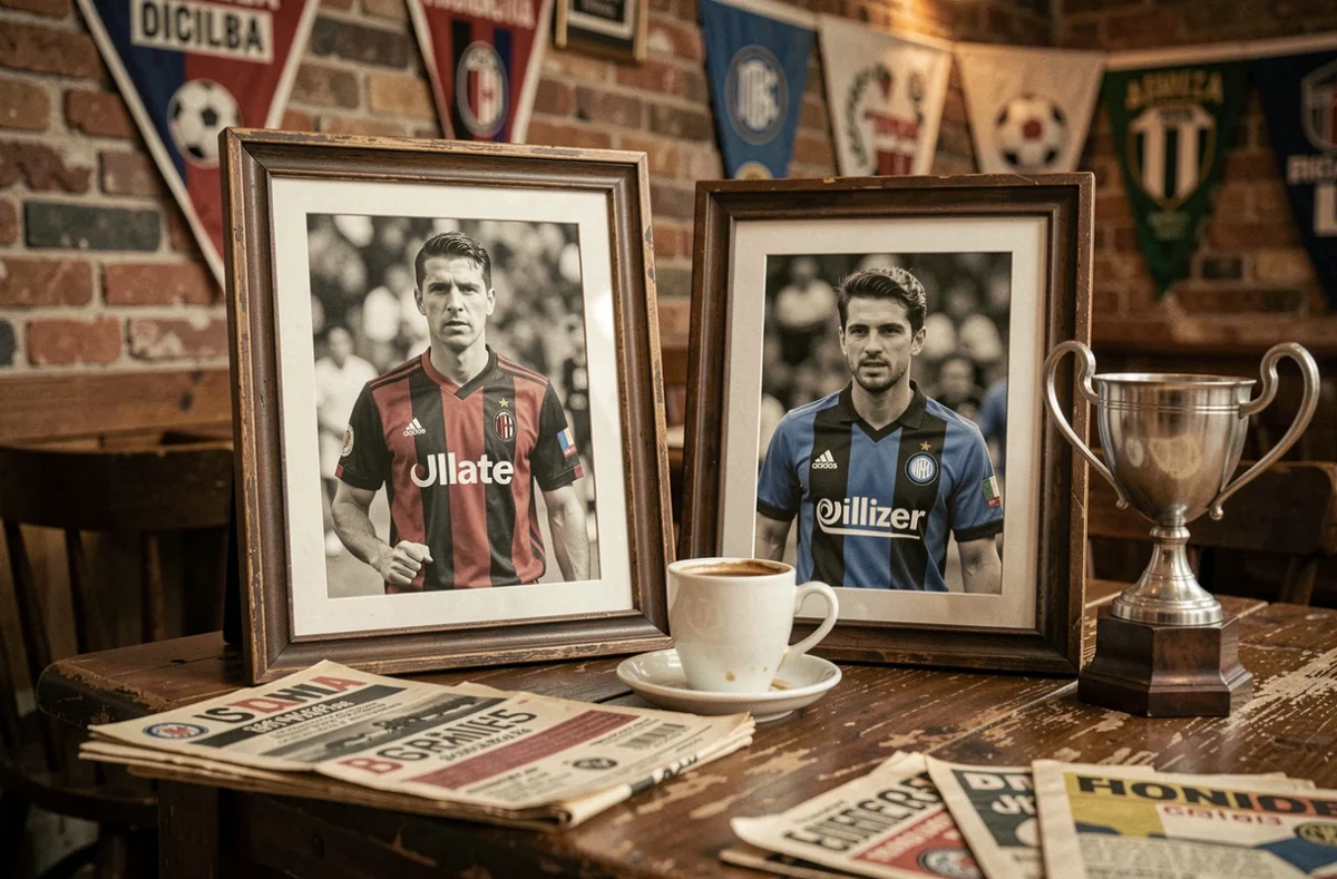 Photos vintage des plus grands buteurs du derby milanais exposées dans un bar sportif italien traditionnel