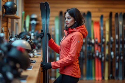 Femme en veste de ski corail comparant des skis de location dans un magasin de matériel de montagne