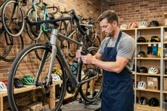 Mécanicien vélo professionnel réparant un vélo de route dans un magasin spécialisé en Centre-Val de Loire