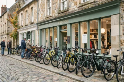 Devanture d'un magasin de vélos en Normandie avec des vélos exposés sur des pavés, architecture normande en arrière-plan