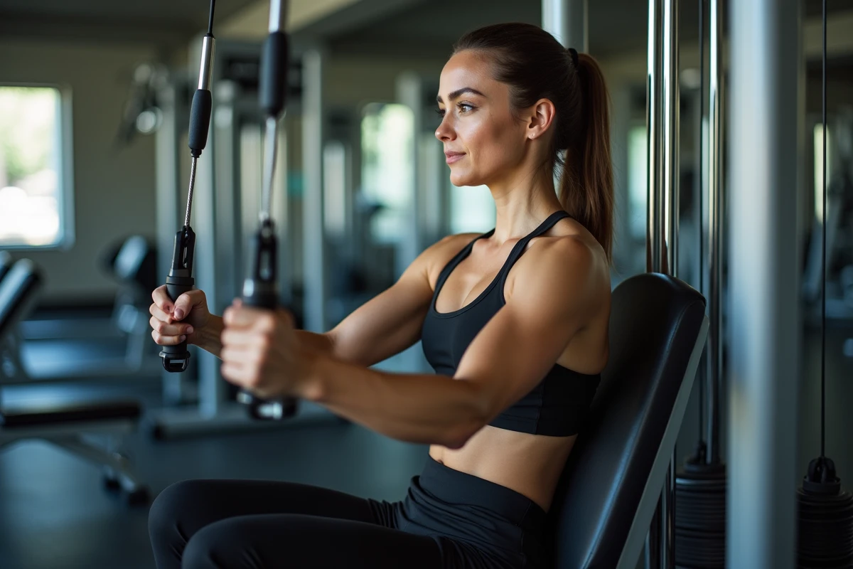 Femme distraite sans concentration sur les dorsaux pendant un exercice de tirage poulie, regard détourné de la machine