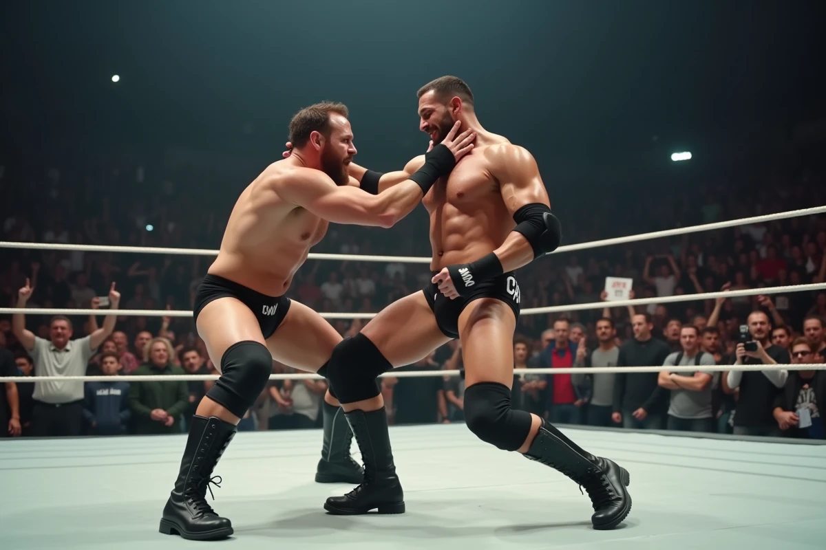 Deux catcheurs de la WWE en plein affrontement sur le ring lors d'un match du Saturday Night Main Event