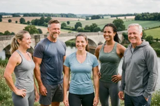 Groupe de coachs sportifs professionnels dans la Loire, paysage de la région en arrière-plan