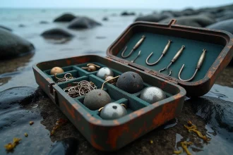 Boîte à pêche ouverte sur un rivage rocheux avec hameçons, plombs et bas de ligne pour le surfcasting
