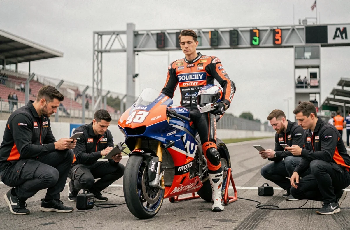 Pilote MotoGP et son équipe sur la grille de départ lors des qualifications en France