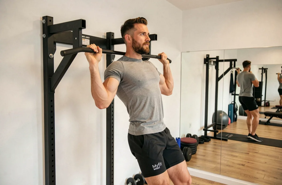 Homme réalisant des tractions sur un rig dans la salle de fitness Myfit à Brest, ambiance studio minimaliste