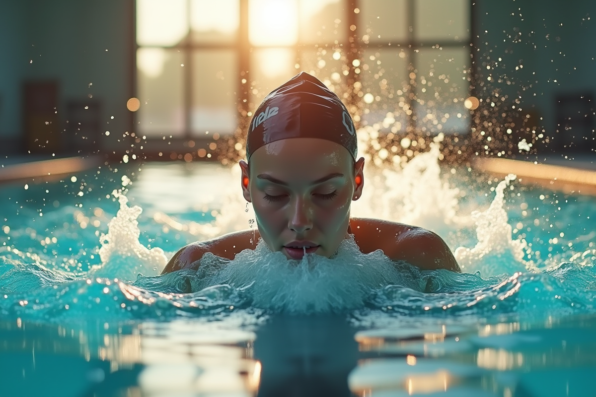 Nageuse concentrée en pleine nage dans une piscine de compétition
