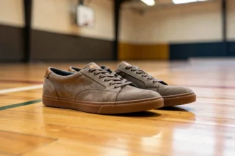 Paire de chaussures de salle posée sur un parquet de gymnase