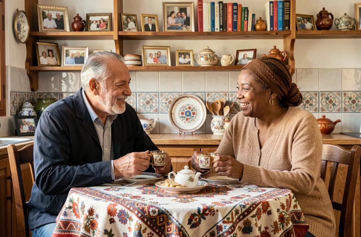 Couple de parents d'origine algérienne et française partagent un thé dans une cuisine familiale chaleureuse mêlant cultures méditerranéennes