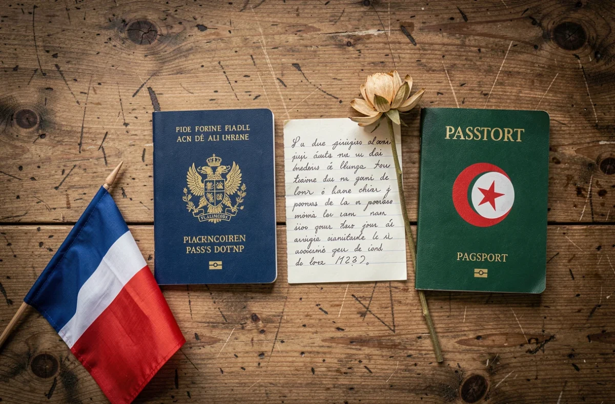 Composition symbolique de deux passeports français et algérien posés sur un bureau en bois évoquant une double identité culturelle et nationale