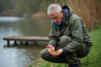 Pêcheur homme examinant des bouillettes colorées au bord de l'étang