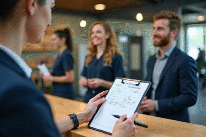 Personne à la réception d'un gym remplissant un formulaire d'annulation