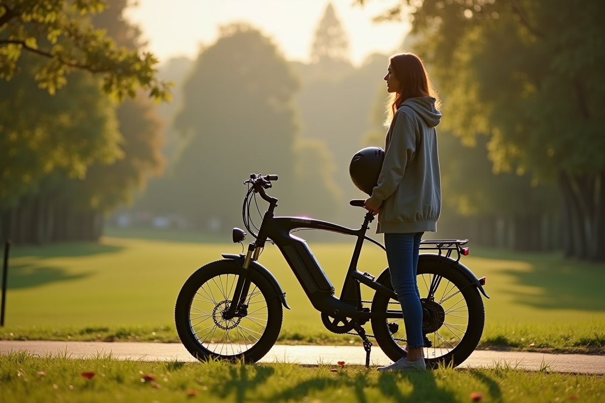 Personne avec casque à côté d un vélo électrique dans un parc