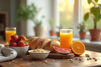 Table de petit déjeuner avec pain complet fruits et jus d'orange