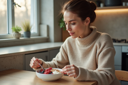 Femme dégustant un bol de yaourt aux fruits dans la cuisine