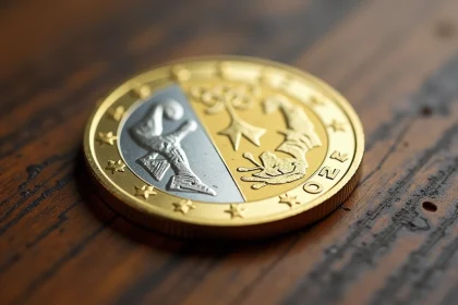 Pièce de 2 euros collector Jeux Olympiques 2026 en gros plan sur table en bois, détails gravés visibles