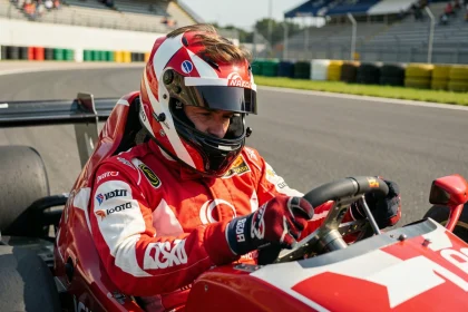 Pilote de course sur circuit automobile en monoplace, équipé d'une combinaison ignifugée rouge et blanche, cockpit en gros plan