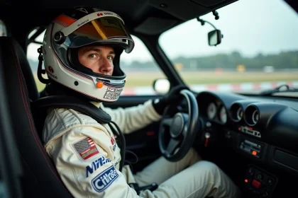Pilote concentré dans le cockpit d'une voiture de course lors d'un stage de pilotage