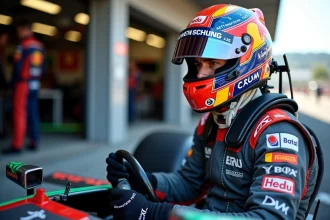 Pilote de Formule 1 dans son cockpit en pit lane, combinaison aux couleurs de l'écurie, concentré avant le départ