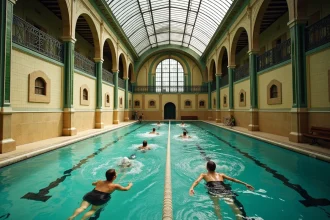 Intérieur historique de la piscine de la Butte aux Cailles avec couloirs de nage et architecture Art Nouveau en carrelage vert et blanc