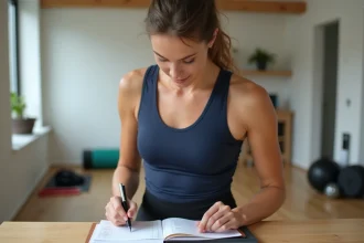 Femme consultant son planning d'entraînement hebdomadaire dans un home gym moderne