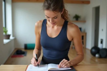 Femme consultant son planning d'entraînement hebdomadaire dans un home gym moderne