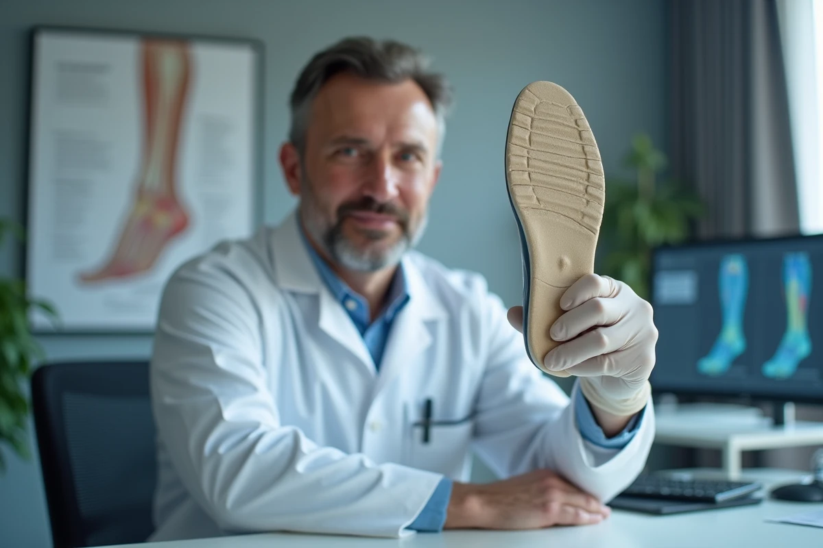 Podologue analysant la semelle d'une chaussure de running pour identifier la pronation ou supination du pied en cabinet médical