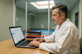 Professeur de judo consultan l'extranet FFJDA sur un ordinateur portable dans un bureau de dojo, avec des ceintures colorées posées à côté